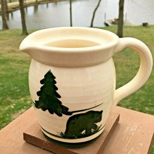East Texas Pottery Stoneware Pitcher Lodge Rustic Bear Pine Trees Marshall TX